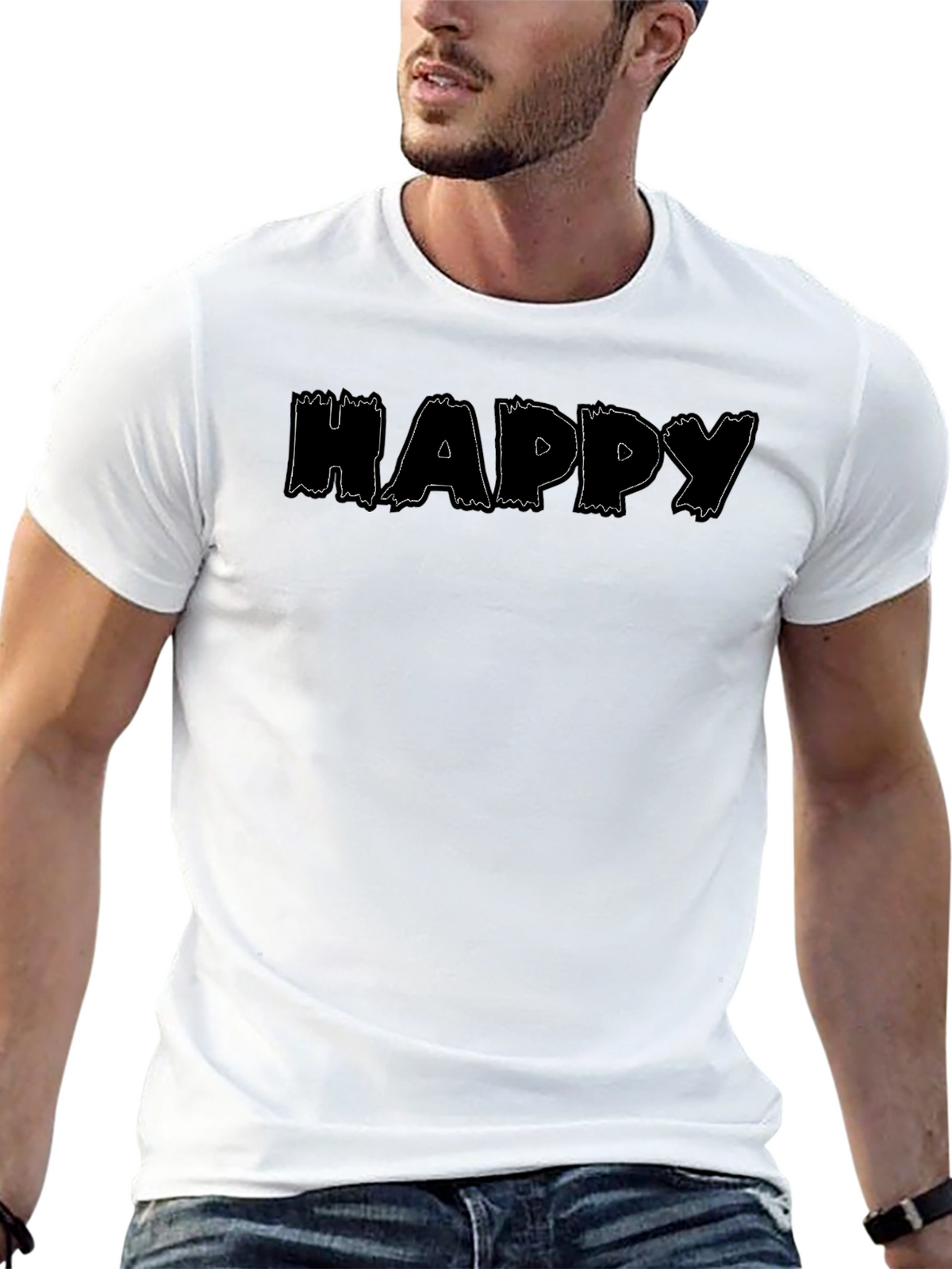 Happy Print Black Crew Neck T-Shirt