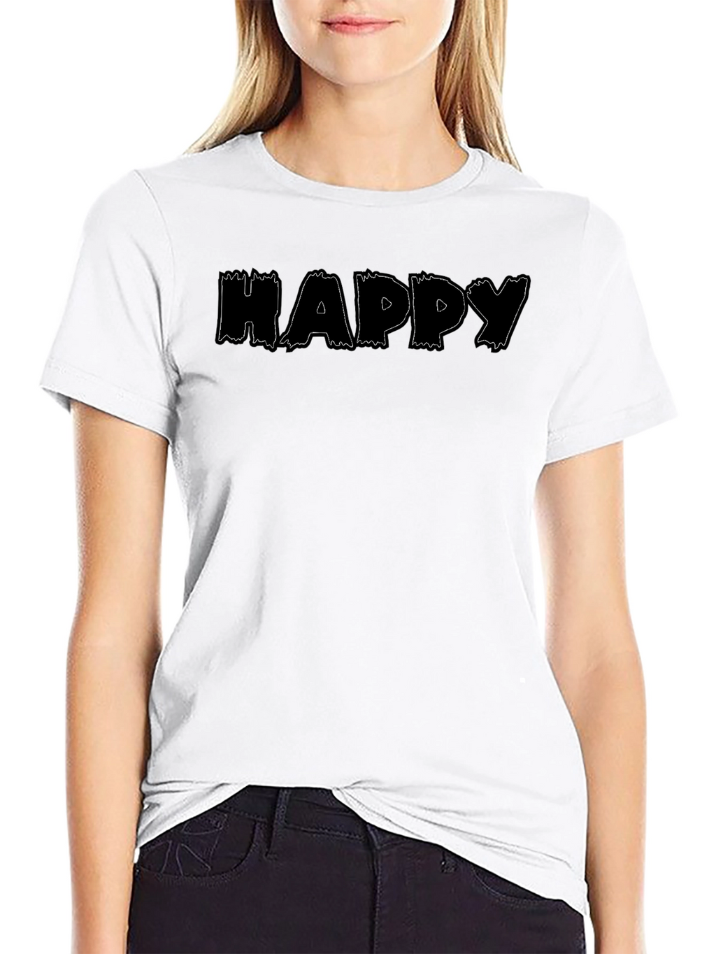 Happy Print Black Crew Neck T-Shirt