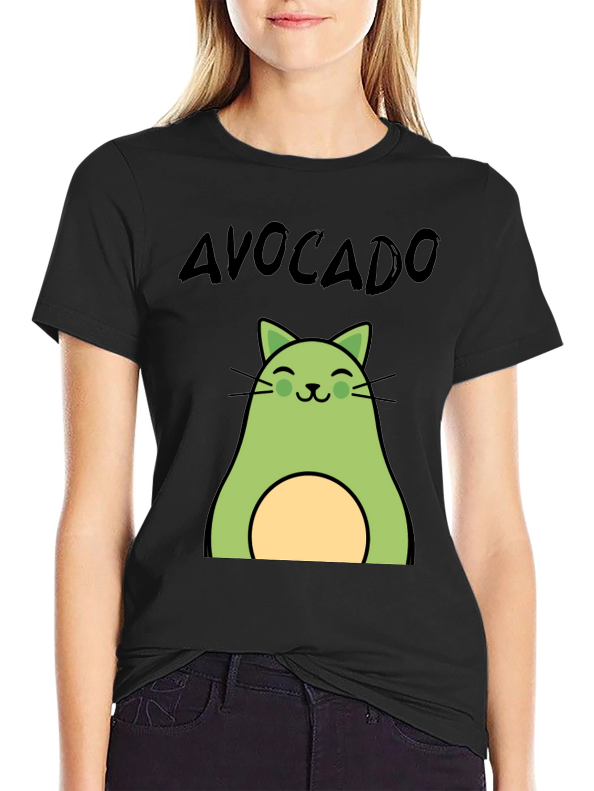 Avocado Cat Graphic Tee - Unisex Black T-Shirt