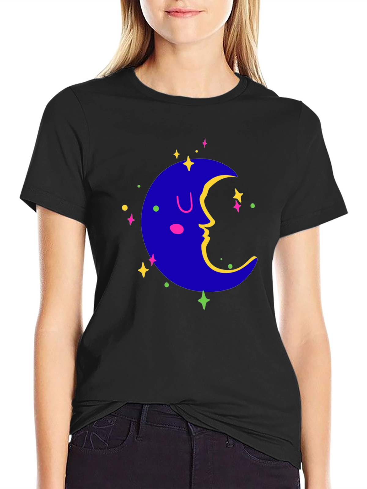 Dreamy Moon Graphic Tee - Black Casual T-Shirt