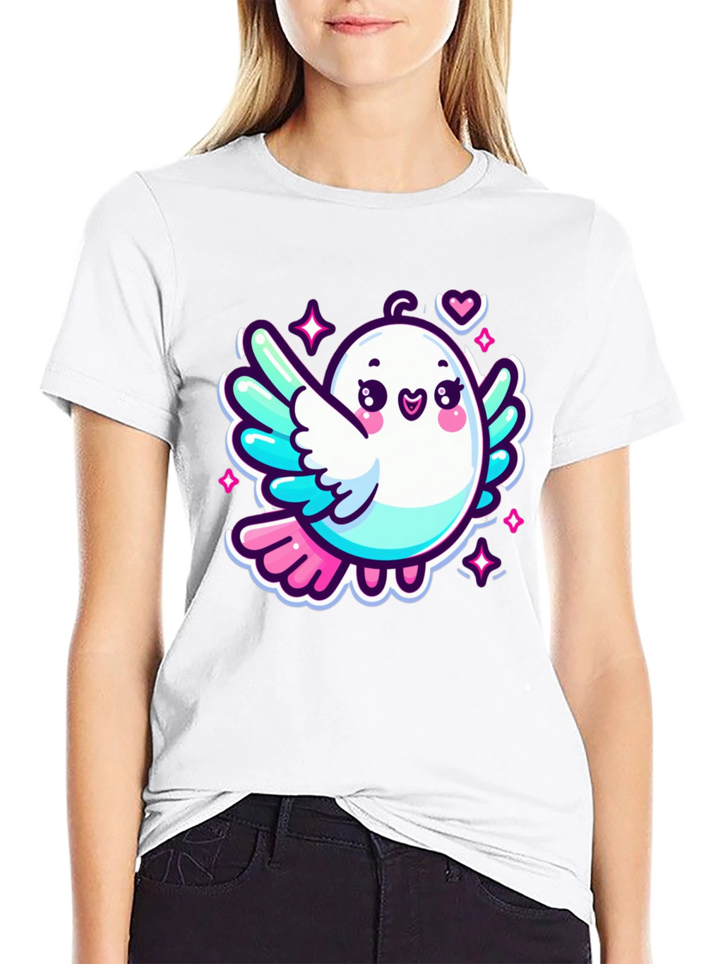 Cute Cartoon Bird Graphic Black T-Shirt