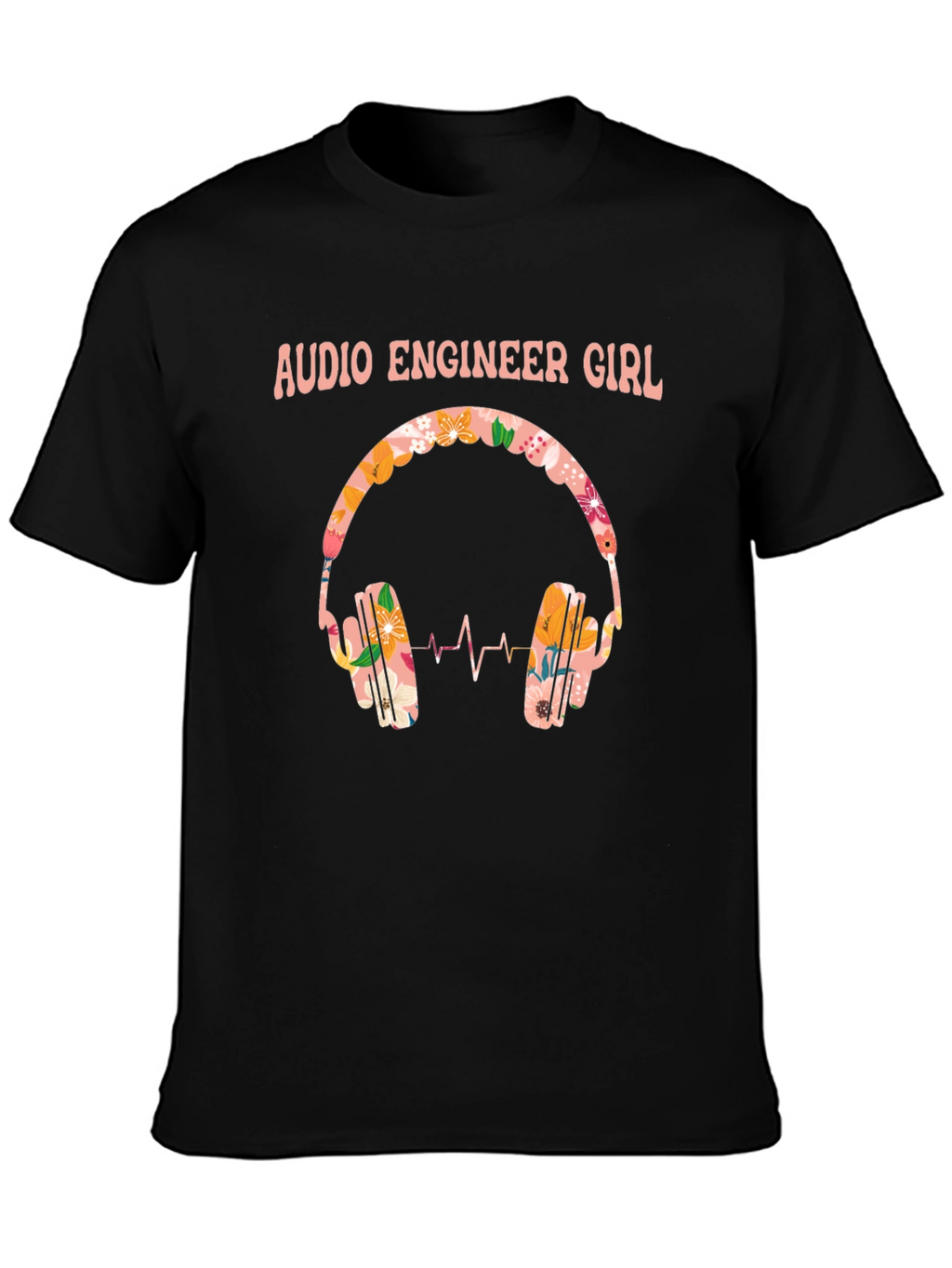 Audio Engineer Girl Floral Headphone Black T-Shirt