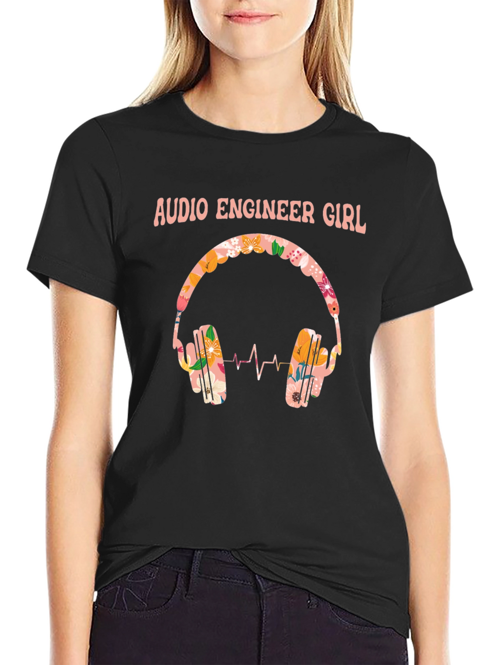Audio Engineer Girl Floral Headphone Black T-Shirt