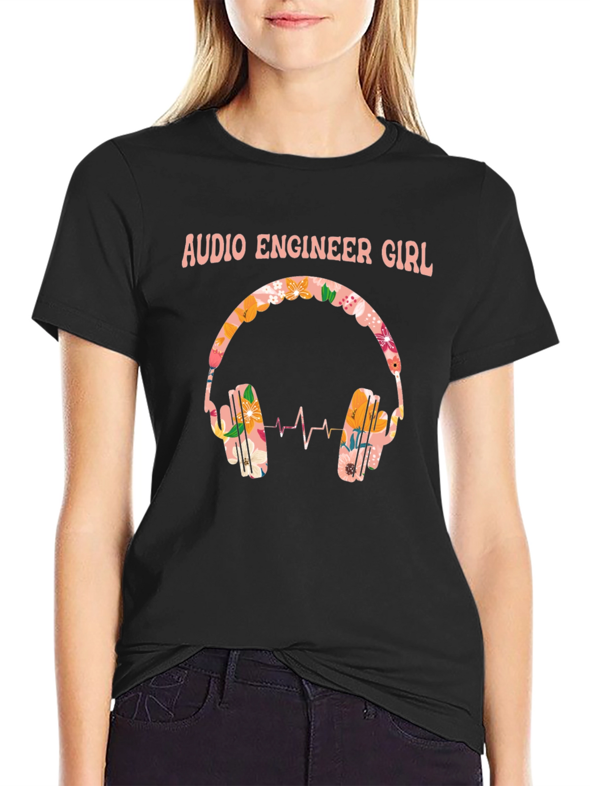 Audio Engineer Girl Floral Headphone Black T-Shirt
