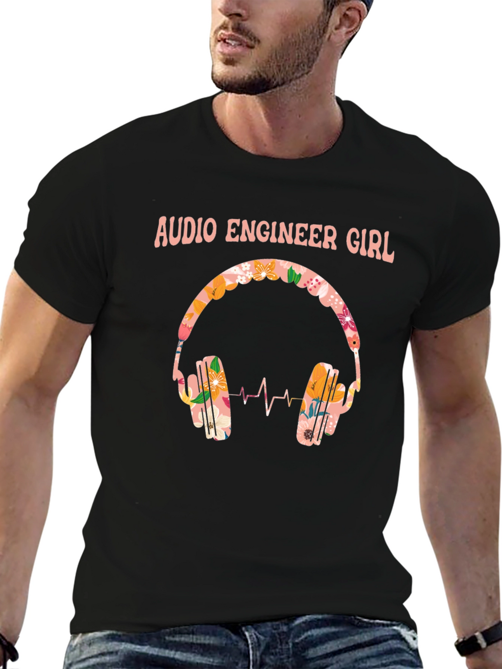 Audio Engineer Girl Floral Headphone Black T-Shirt