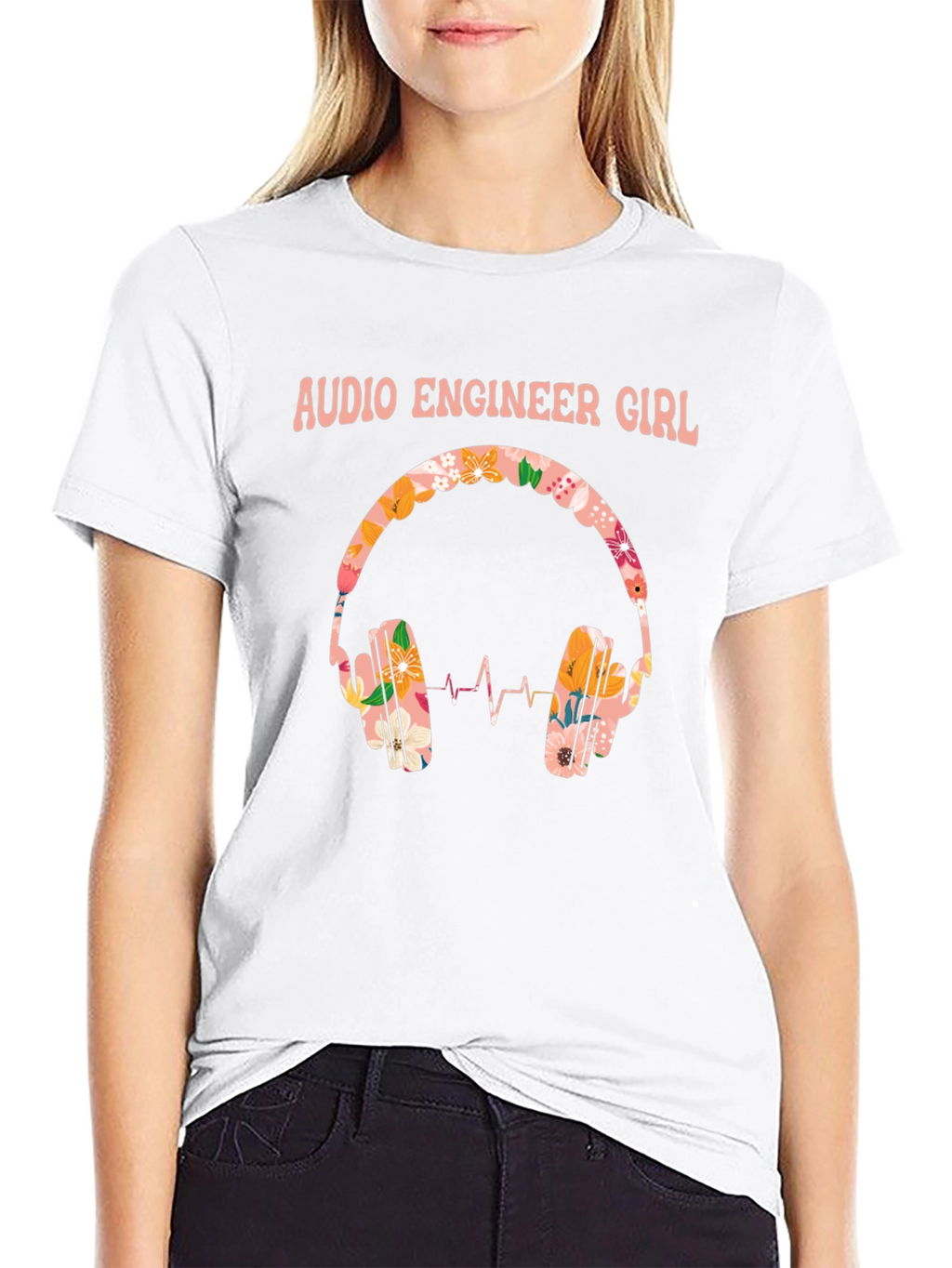 Audio Engineer Girl Floral Headphone Black T-Shirt