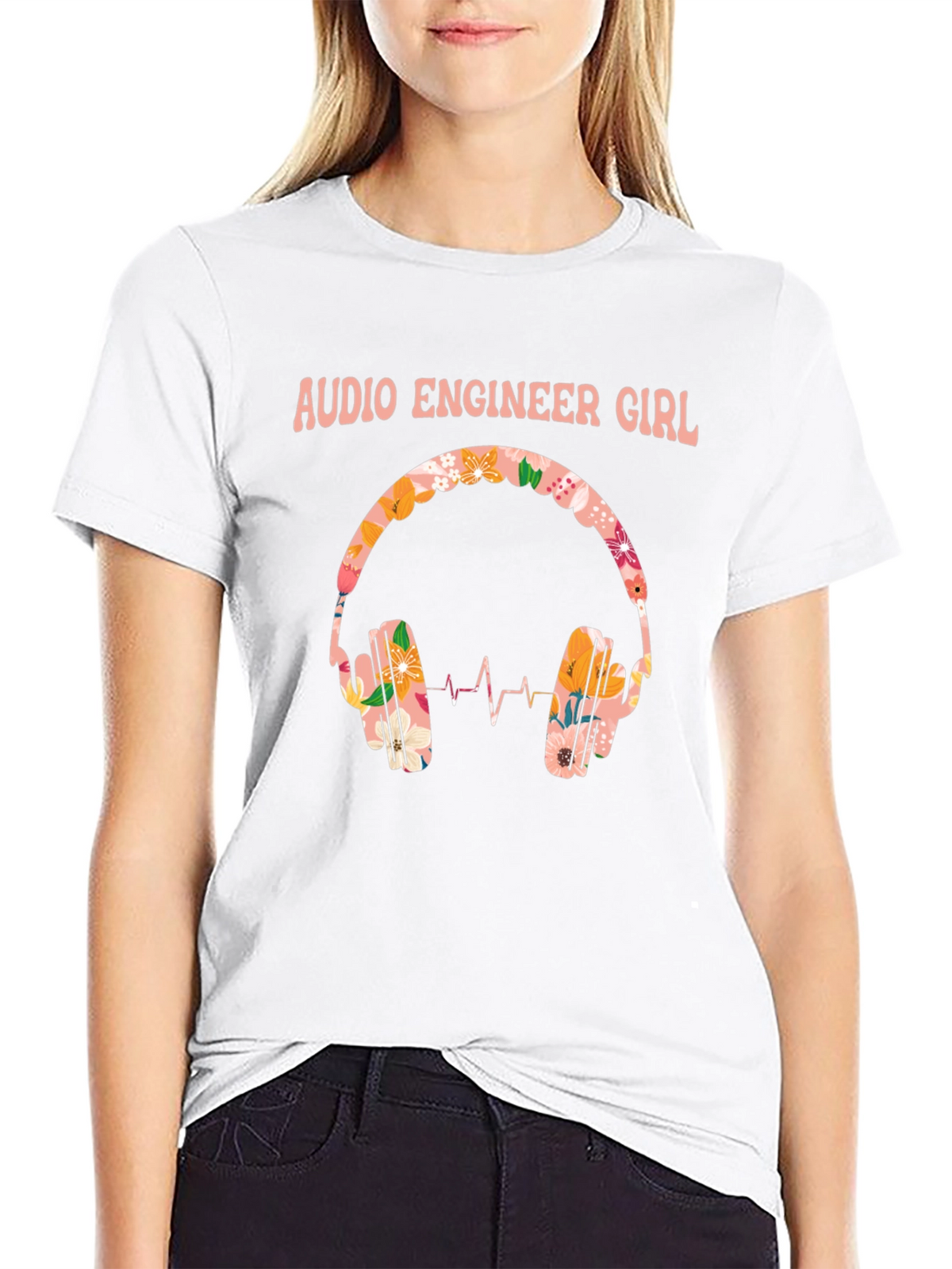 Audio Engineer Girl Floral Headphone Black T-Shirt
