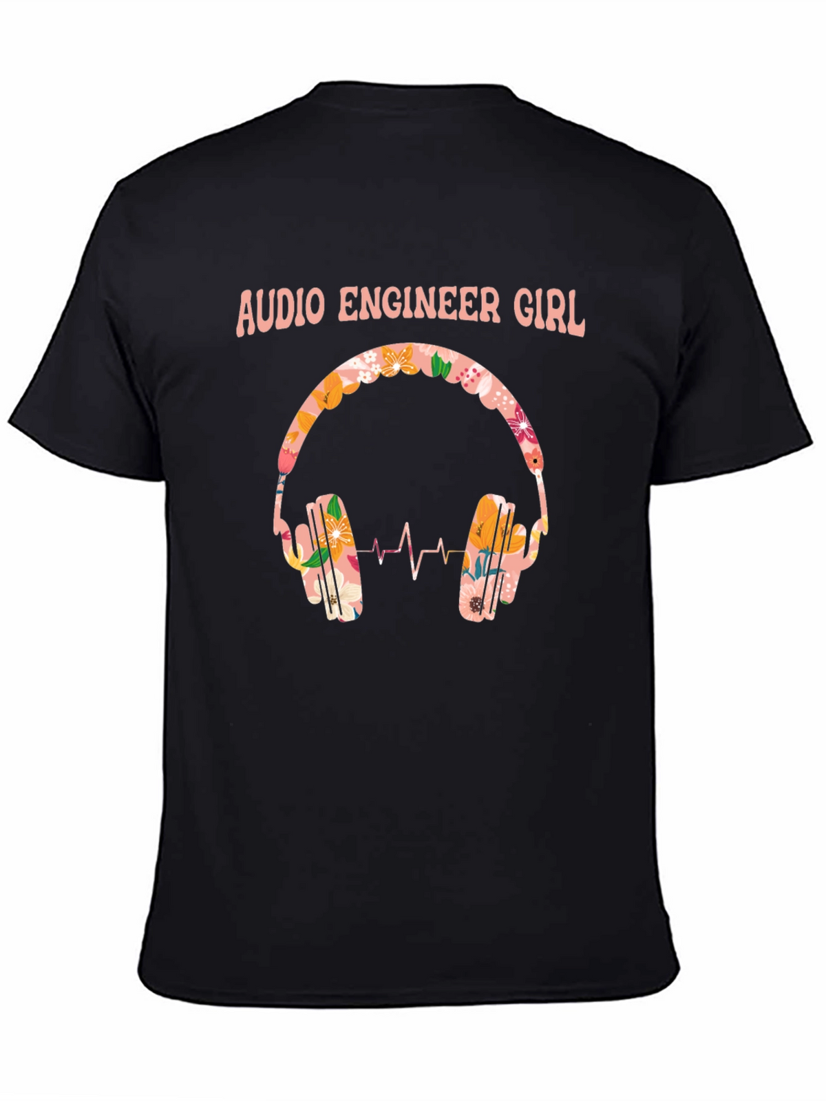 Audio Engineer Girl Floral Headphone Black T-Shirt