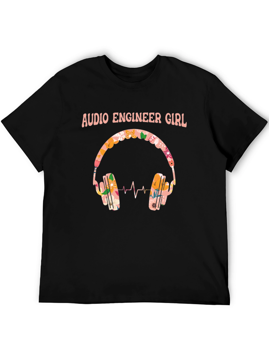 Audio Engineer Girl Floral Headphone Black T-Shirt