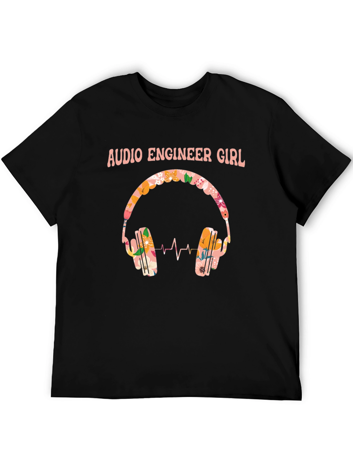 Audio Engineer Girl Floral Headphone Black T-Shirt