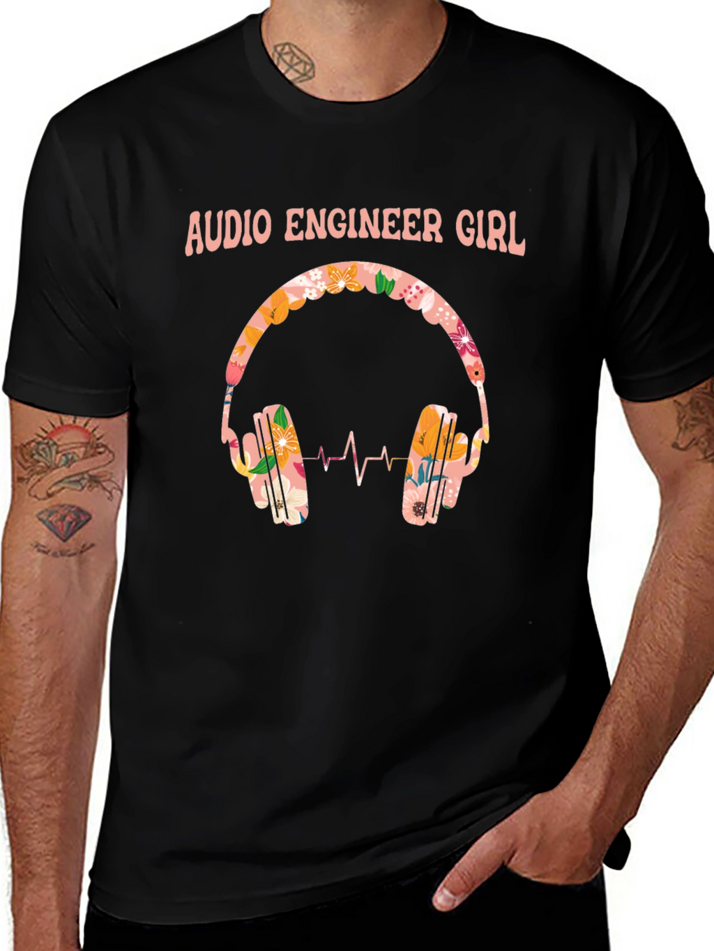 Audio Engineer Girl Floral Headphone Black T-Shirt