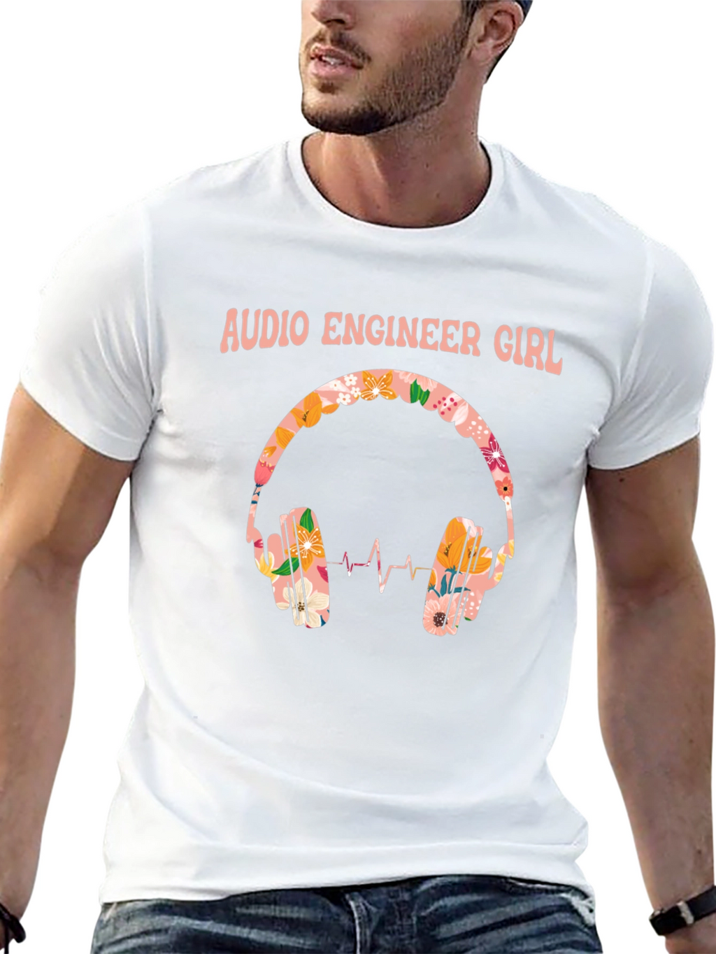 Audio Engineer Girl Floral Headphone Black T-Shirt