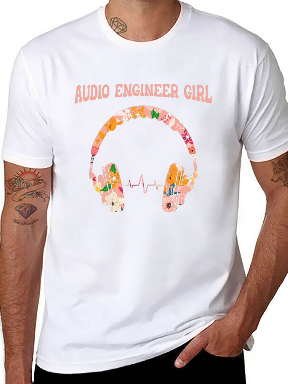 Audio Engineer Girl Floral Headphone Black T-Shirt