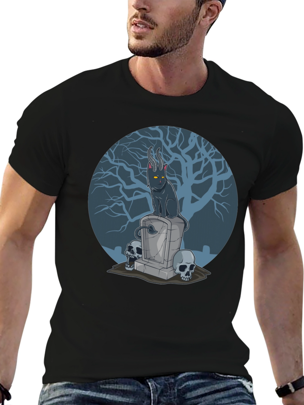 Gothic Devil Cat on Tombstone T-Shirt