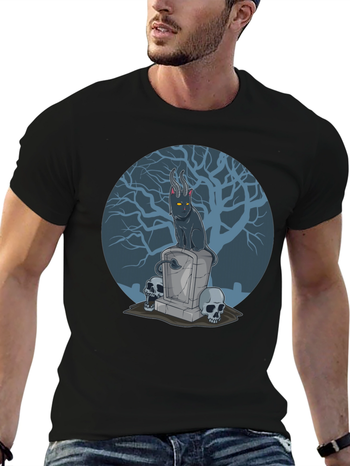 Gothic Devil Cat on Tombstone T-Shirt