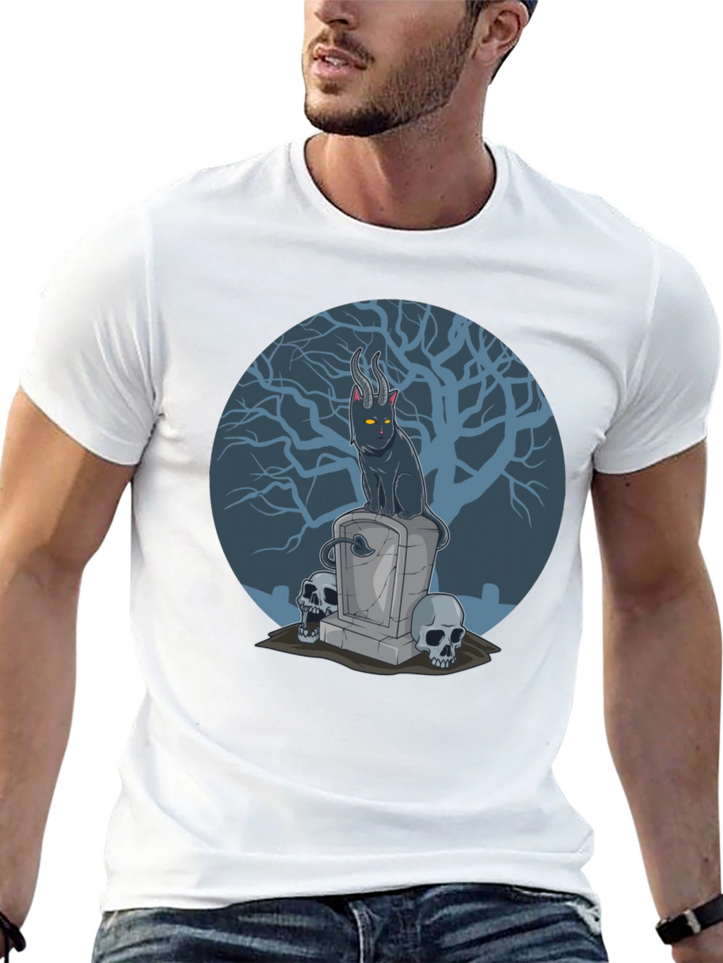 Gothic Devil Cat on Tombstone T-Shirt