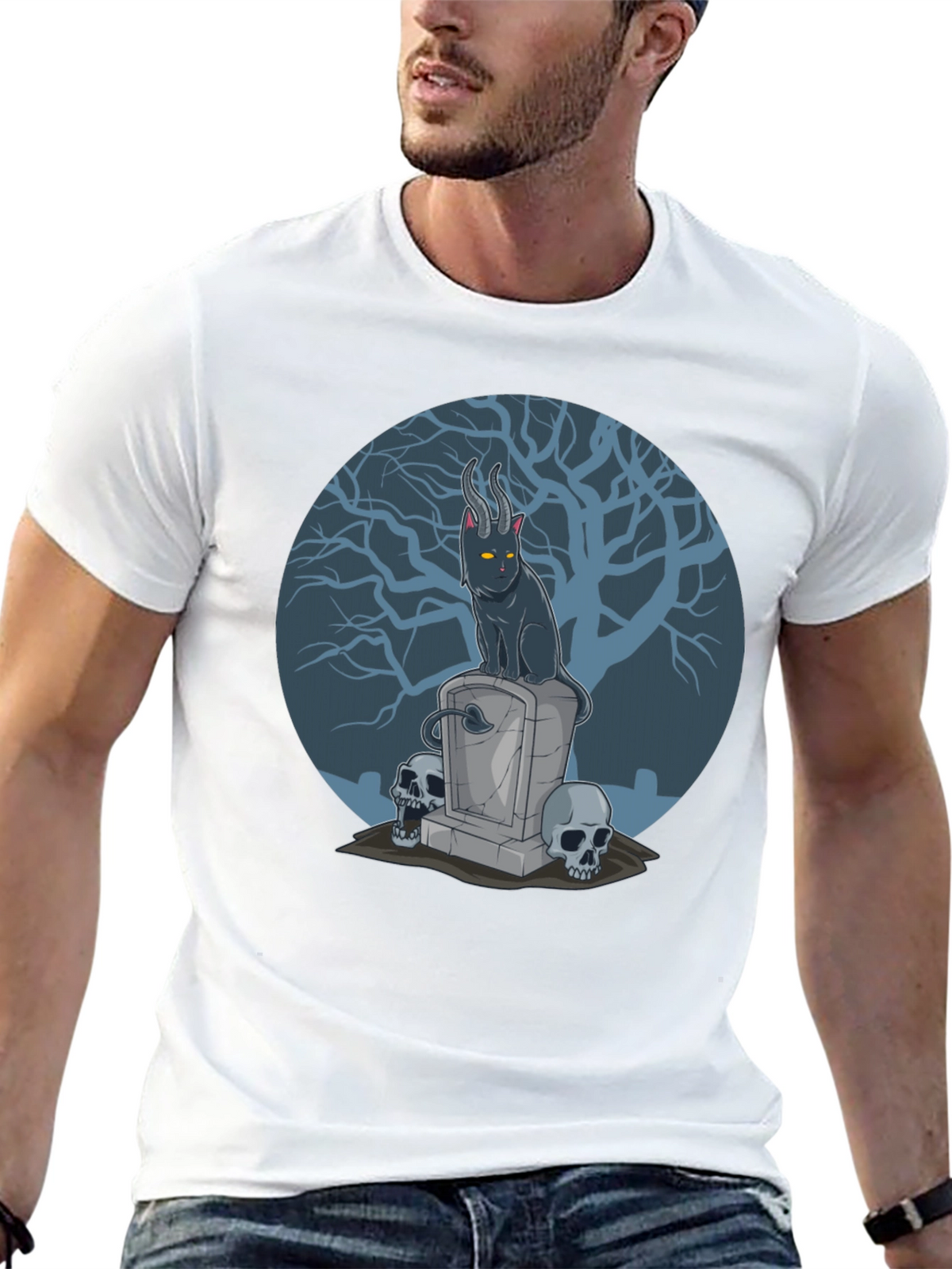 Gothic Devil Cat on Tombstone T-Shirt
