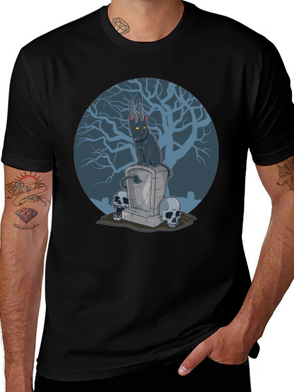 Gothic Devil Cat on Tombstone T-Shirt