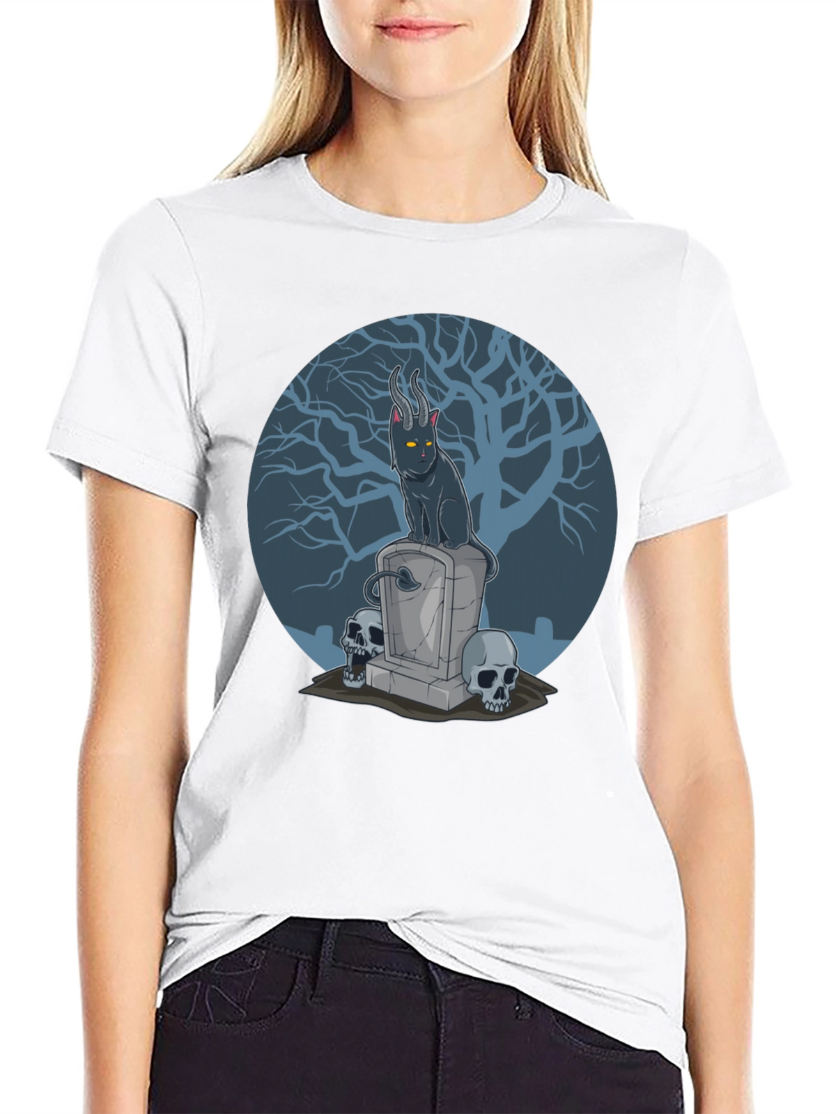 Gothic Devil Cat on Tombstone T-Shirt