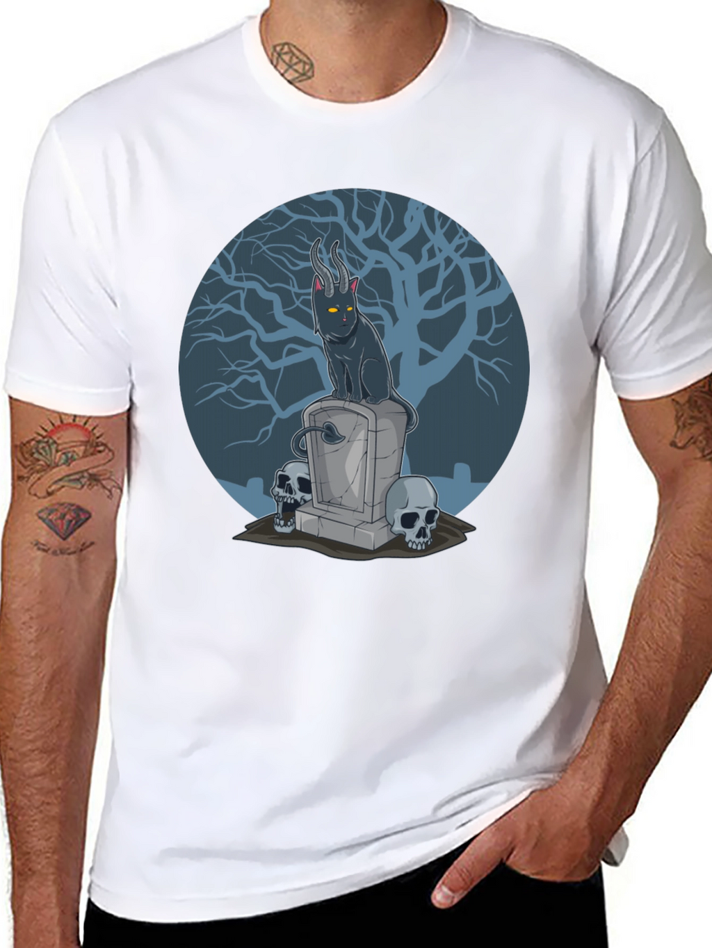Gothic Devil Cat on Tombstone T-Shirt