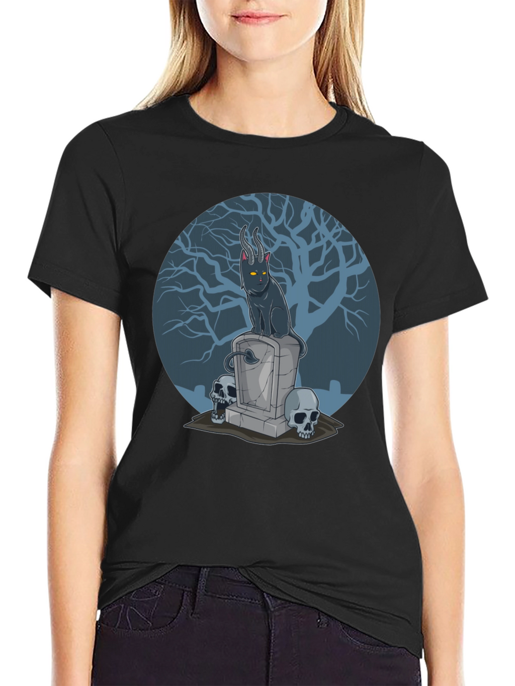 Gothic Devil Cat on Tombstone T-Shirt