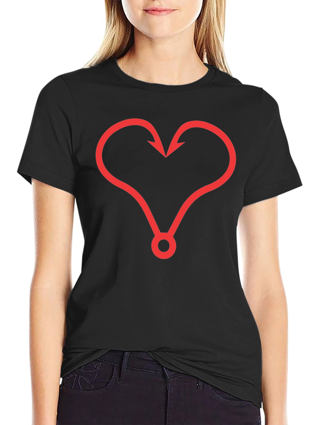 Fishing Hook Heart Graphic Tee - Black