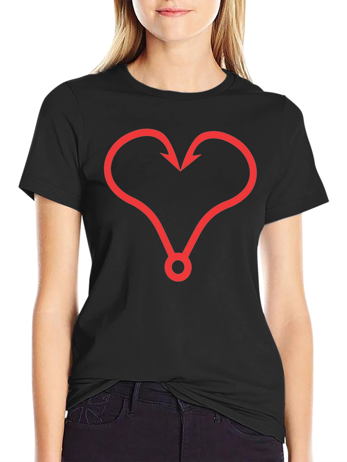 Fishing Hook Heart Graphic Tee - Black