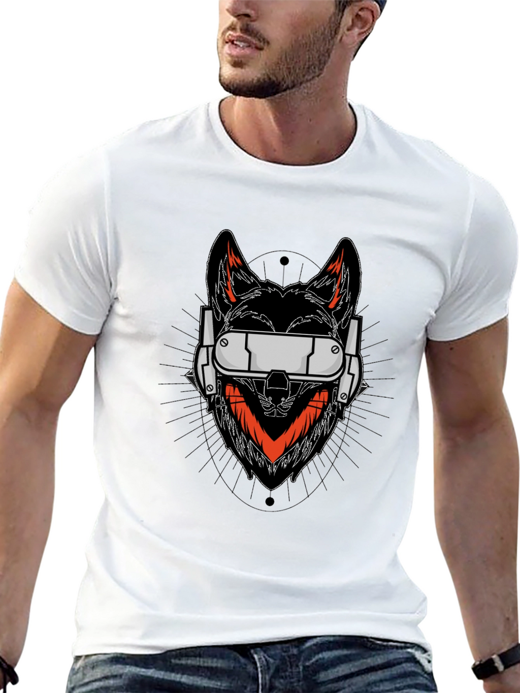 Cyberpunk Wolf Graphic Tee - Black Cotton Shirt
