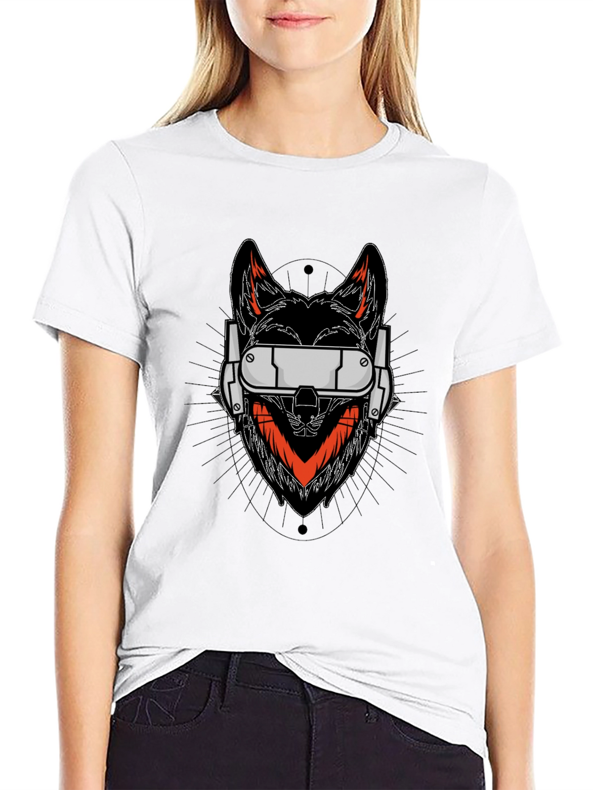 Cyberpunk Wolf Graphic Tee - Black Cotton Shirt