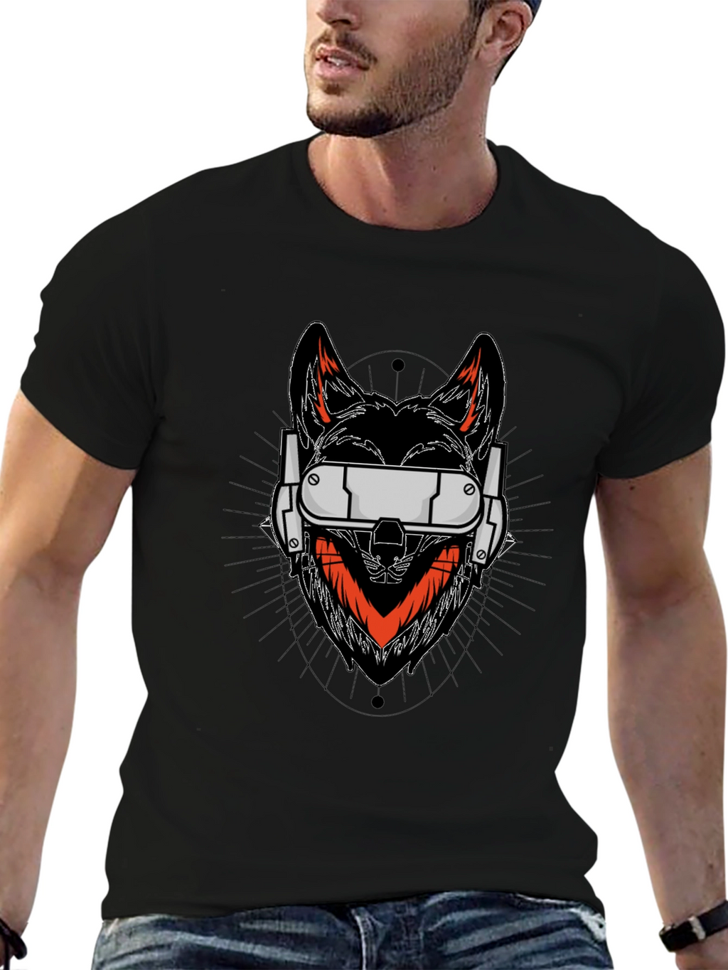 Cyberpunk Wolf Graphic Tee - Black Cotton Shirt