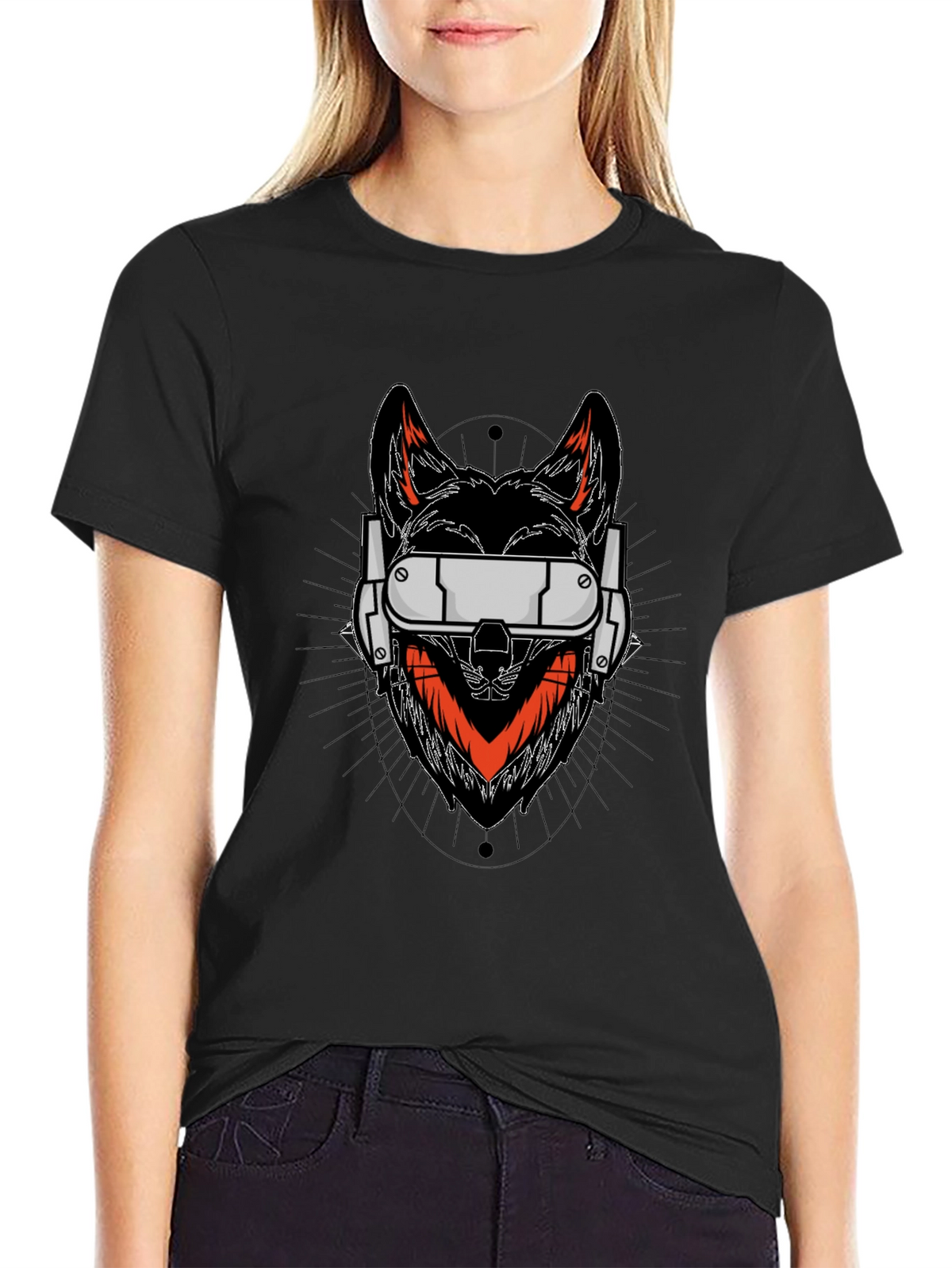 Cyberpunk Wolf Graphic Tee - Black Cotton Shirt