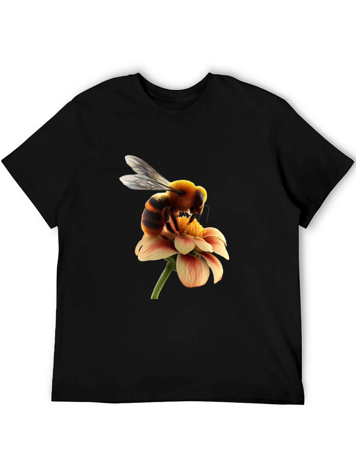 Bee on Flower Graphic Tee - Black Cotton T-Shirt