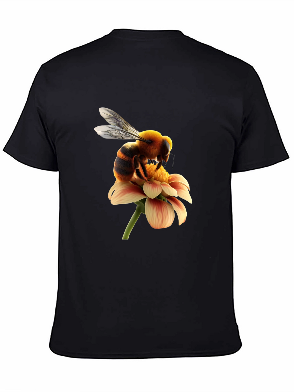 Bee on Flower Graphic Tee - Black Cotton T-Shirt