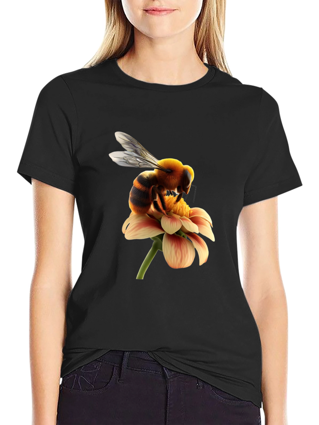 Bee on Flower Graphic Tee - Black Cotton T-Shirt