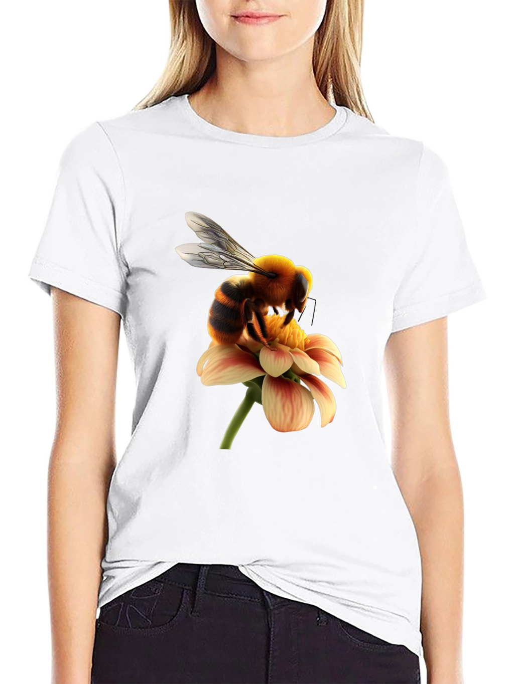 Bee on Flower Graphic Tee - Black Cotton T-Shirt