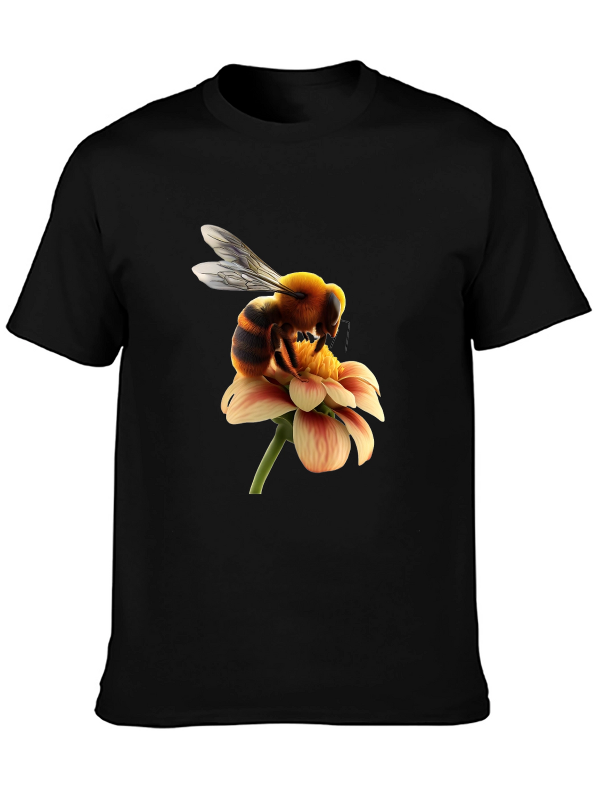 Bee on Flower Graphic Tee - Black Cotton T-Shirt