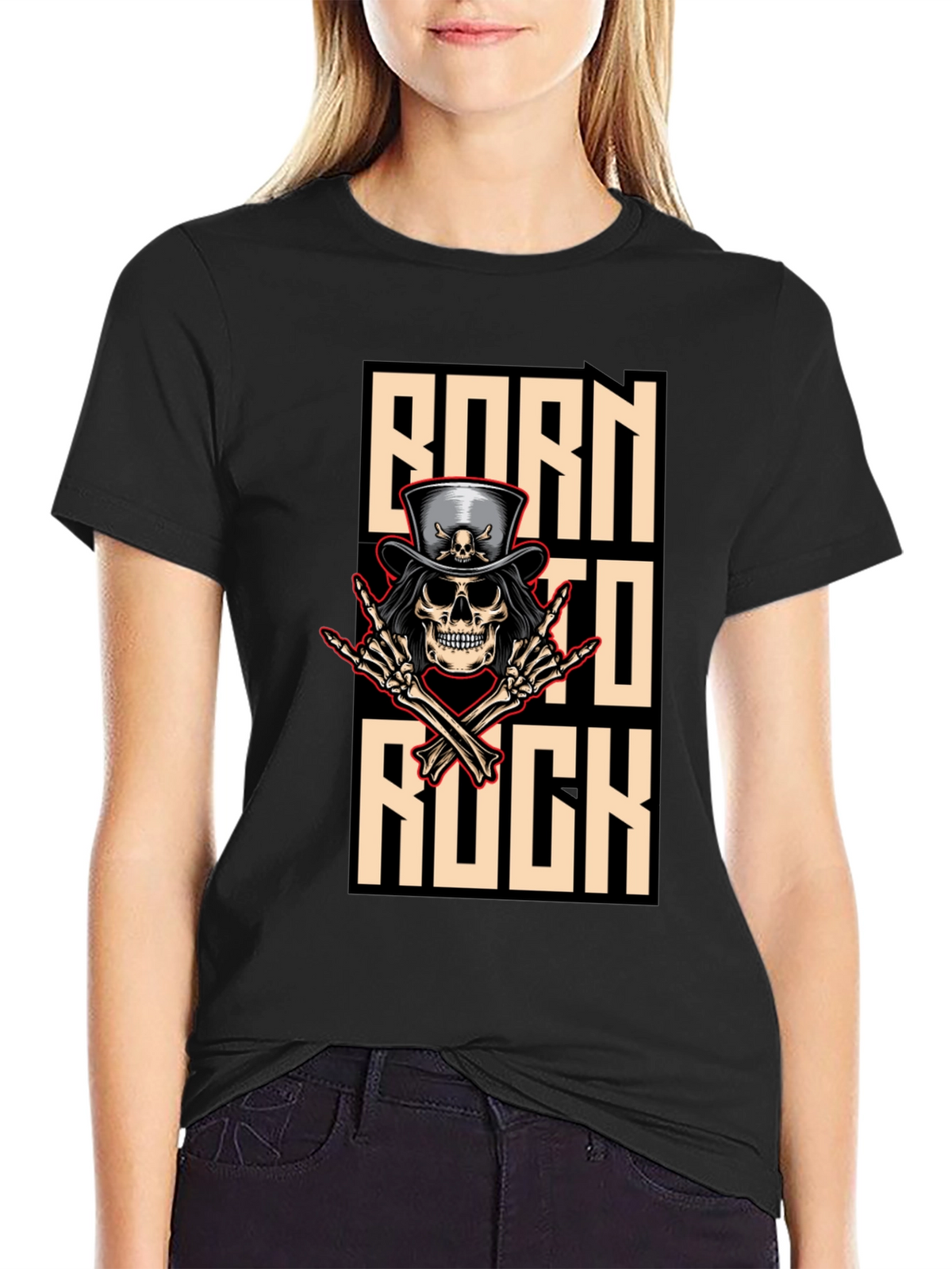 Born To Rock T-Shirt Skull & Top Hat