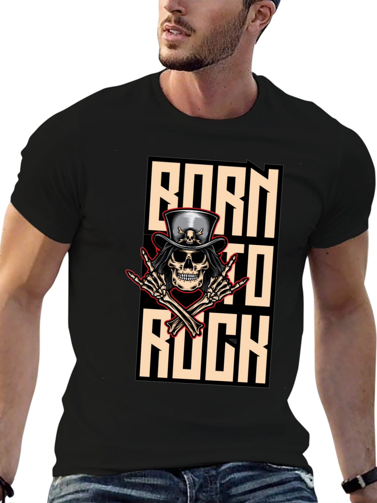 Born To Rock T-Shirt Skull & Top Hat