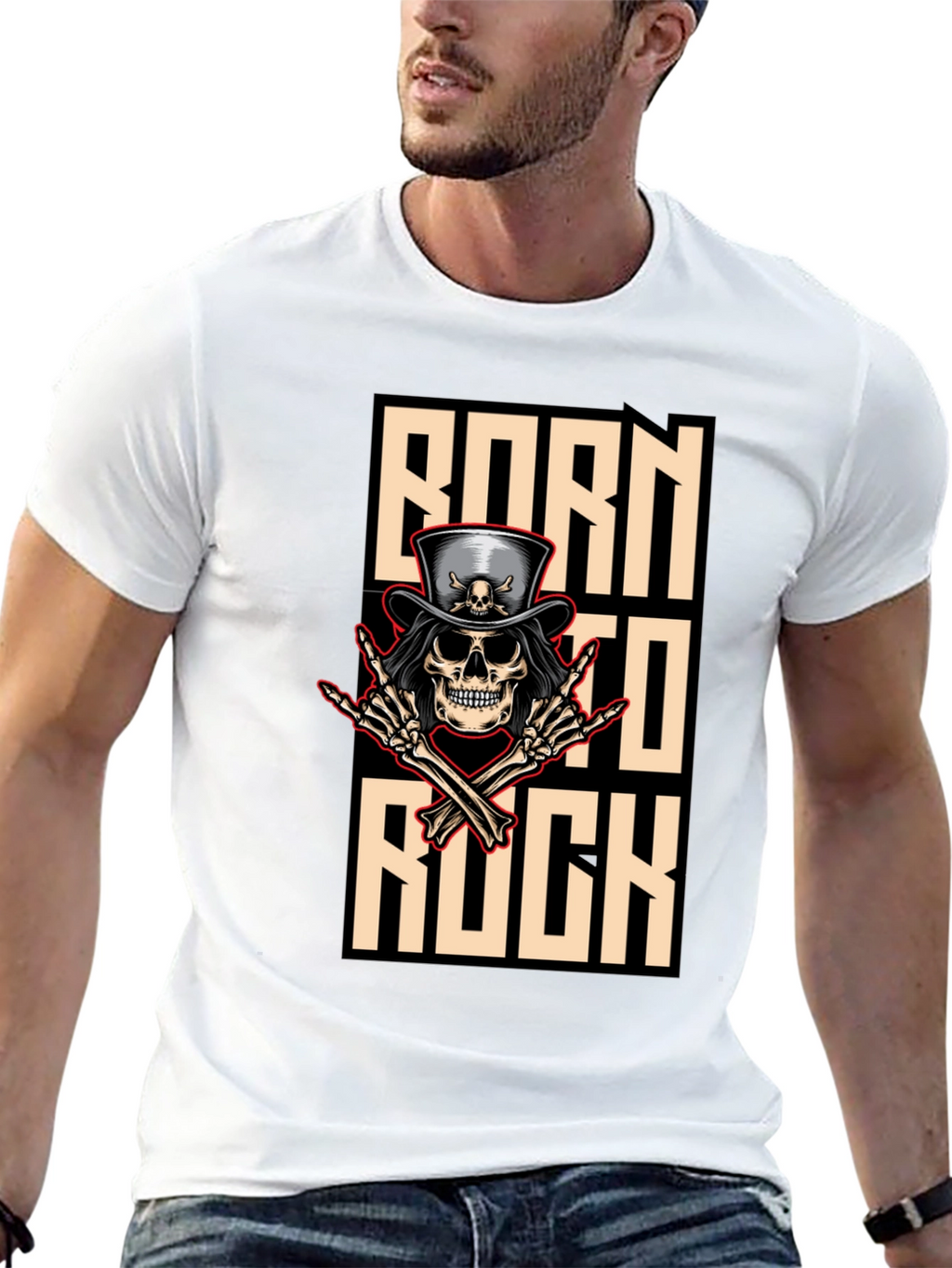 Born To Rock T-Shirt Skull & Top Hat