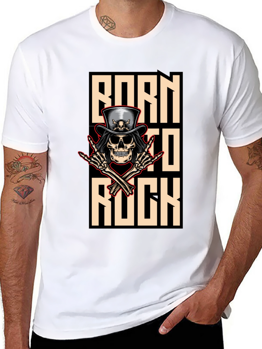 Born To Rock T-Shirt Skull & Top Hat