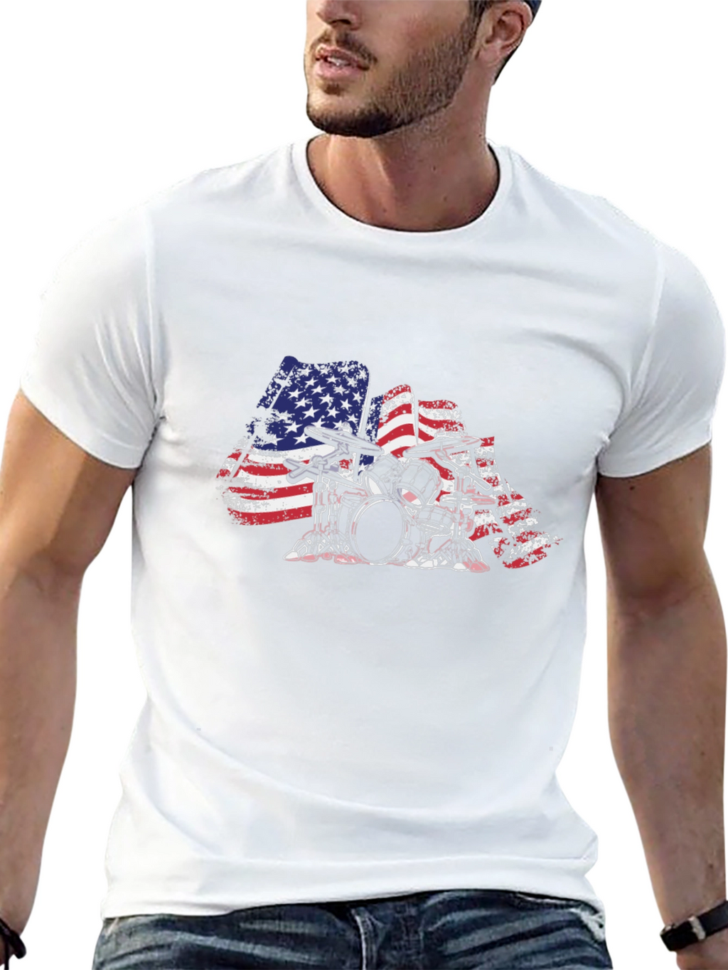 American Flag Drum Set T-Shirt - Patriotic Drummer Tee