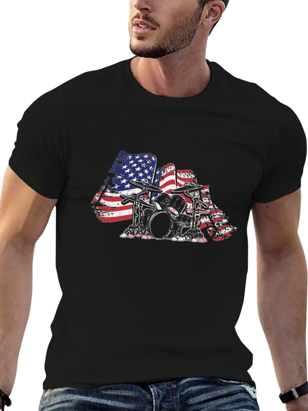 American Flag Drum Set T-Shirt - Patriotic Drummer Tee