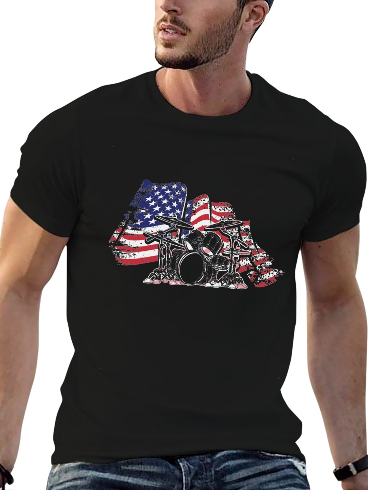 American Flag Drum Set T-Shirt - Patriotic Drummer Tee