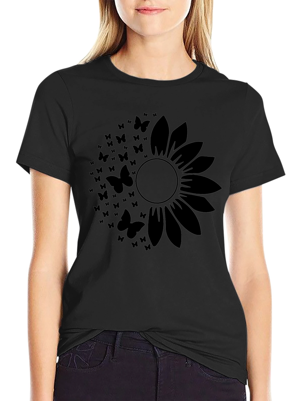 Butterfly Sunflower Black T-Shirt