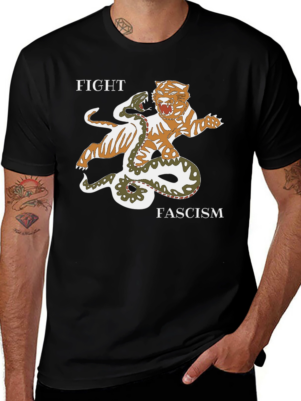 Fight Fascism Tiger vs Snake Graphic T-Shirt