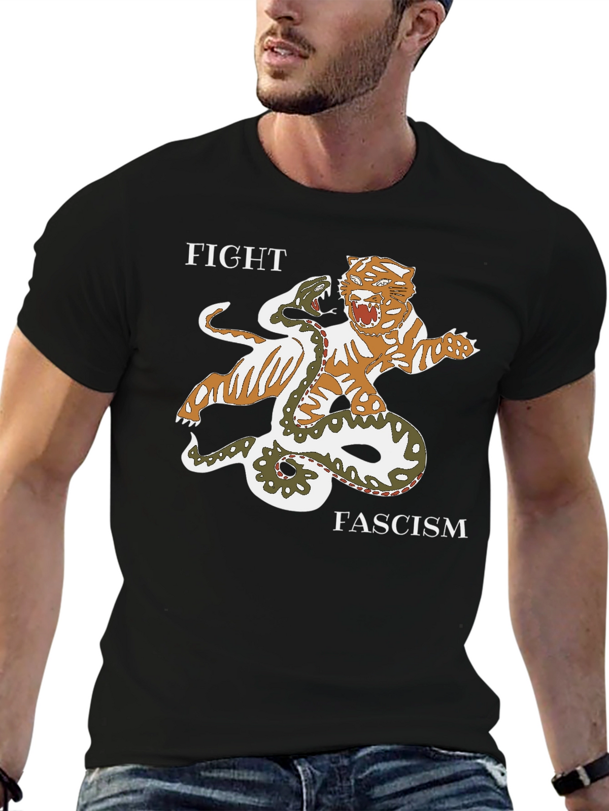 Fight Fascism Tiger vs Snake Graphic T-Shirt