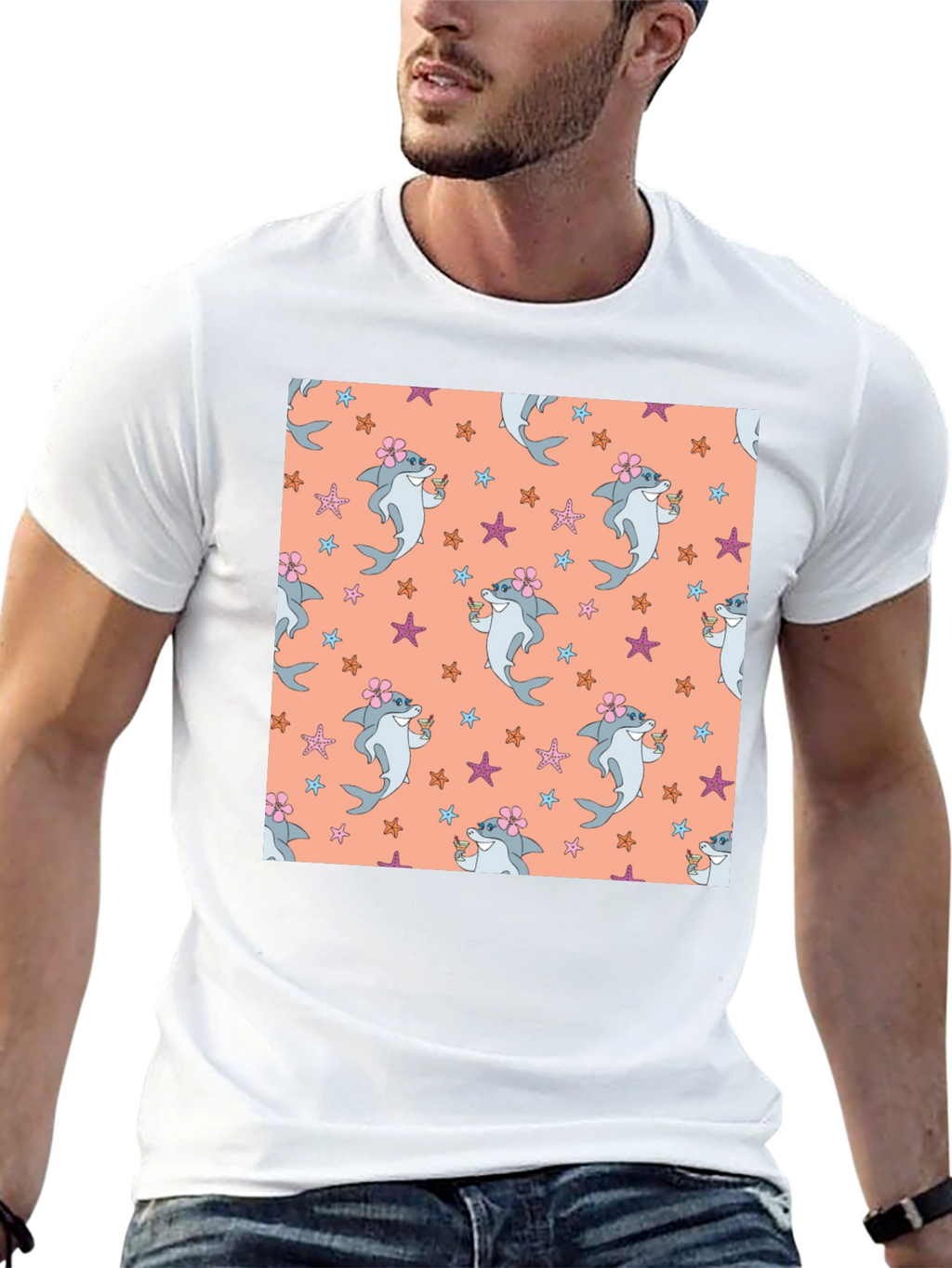 Summer Shark Pattern Black T-Shirt