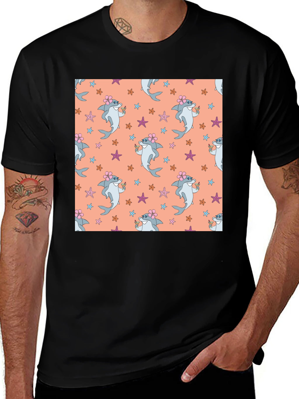 Summer Shark Pattern Black T-Shirt