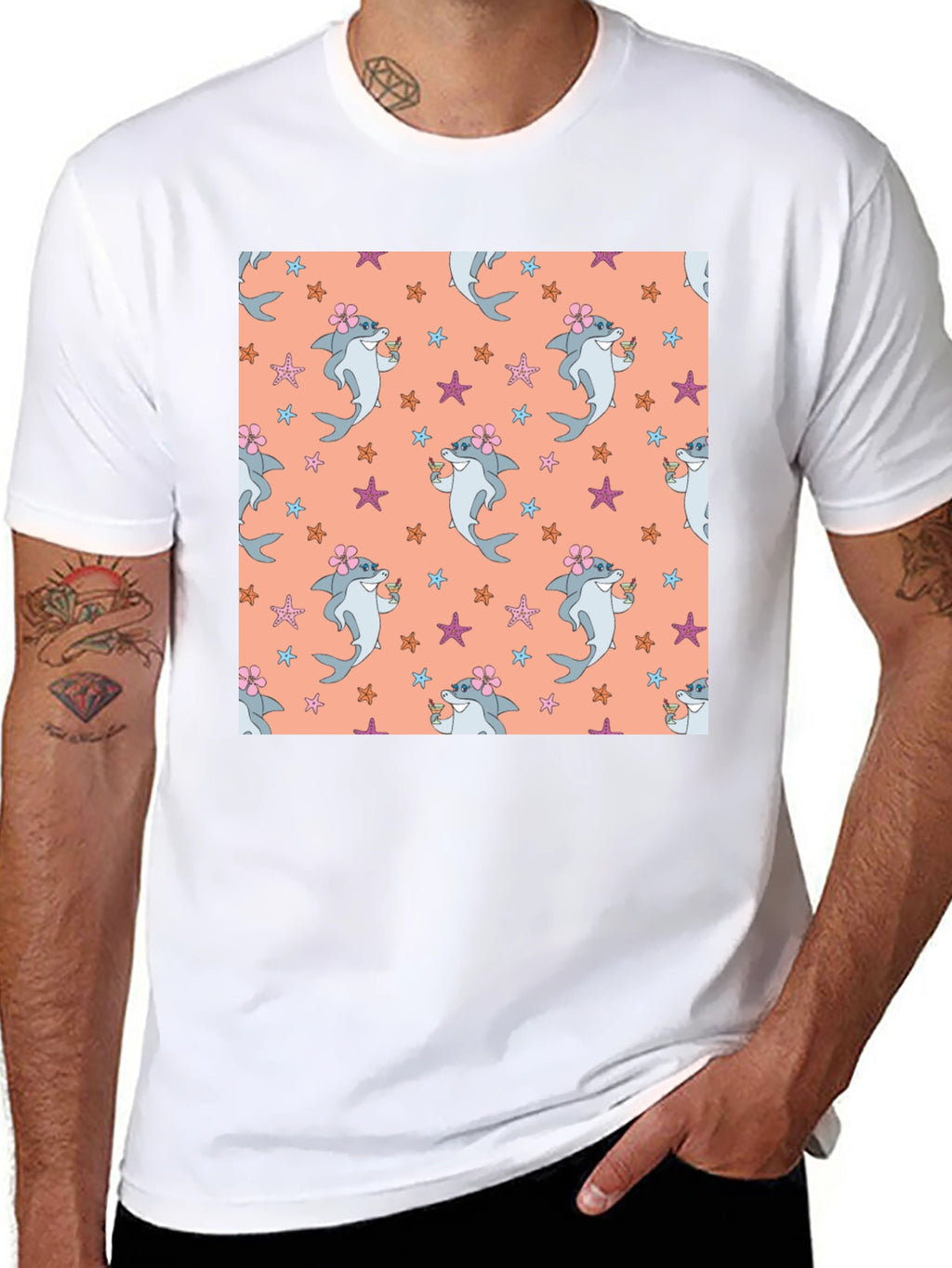 Summer Shark Pattern Black T-Shirt