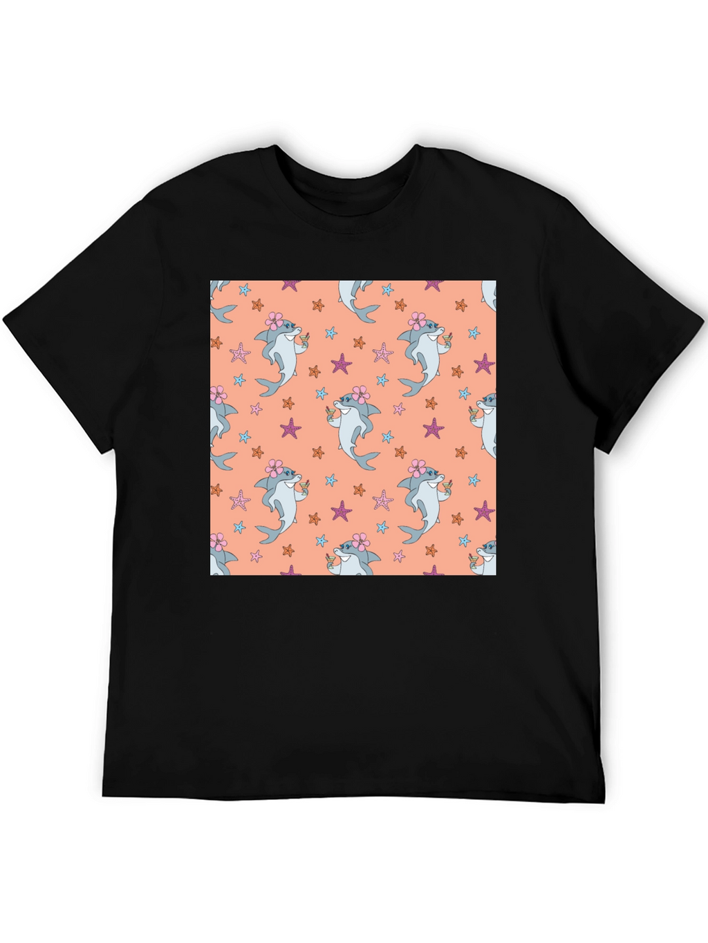 Summer Shark Pattern Black T-Shirt